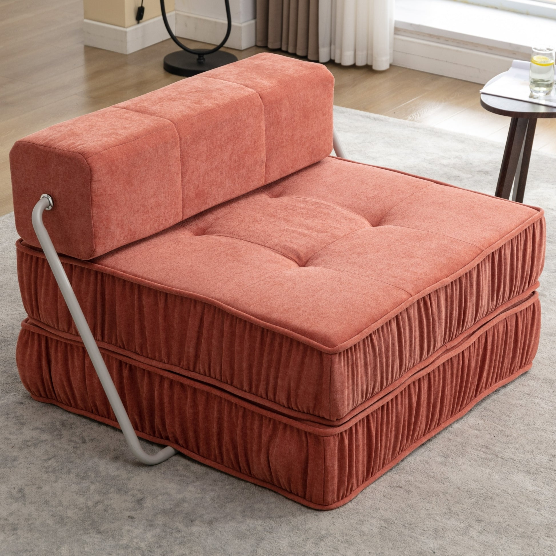Folding Sofa Bed, Futon Sleeper Chair, Convertible Chair Floor Couch & Sleeping Mattress For Living Room, Guest Room, Home Office, Apartment, Small Space, Bed, Removable Back Cushion, Orange, 1 Seat Orange Chenille Primary Living Space Pillow Back Soft