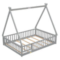 Full Tent Shaped Floor Bed, With Guardrails, Slats, Door ,Grey Full Grey Wood Bedroom American Design Pine Bed Frame Pine