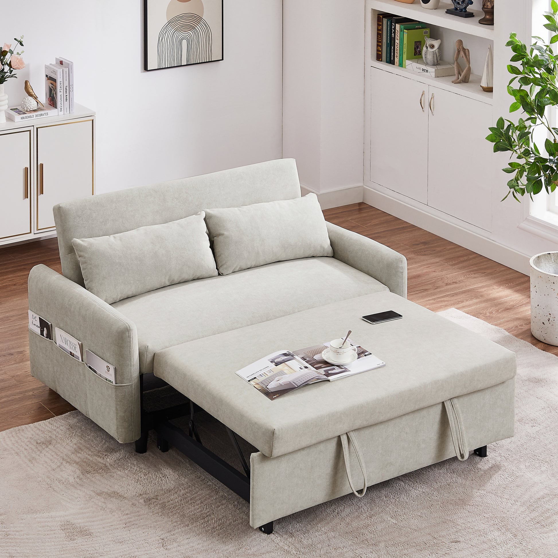 55.1" Pull Out Sleep Sofa Bed Loveseats Sofa Couch With Adjsutable Backrest, Storage Pockets, 2 Soft Pillows, Usb Ports For Living Room, Bedroom, Apartment, Office, Beige Old Sku Wf307821Aaa Beige Foam Microfiber