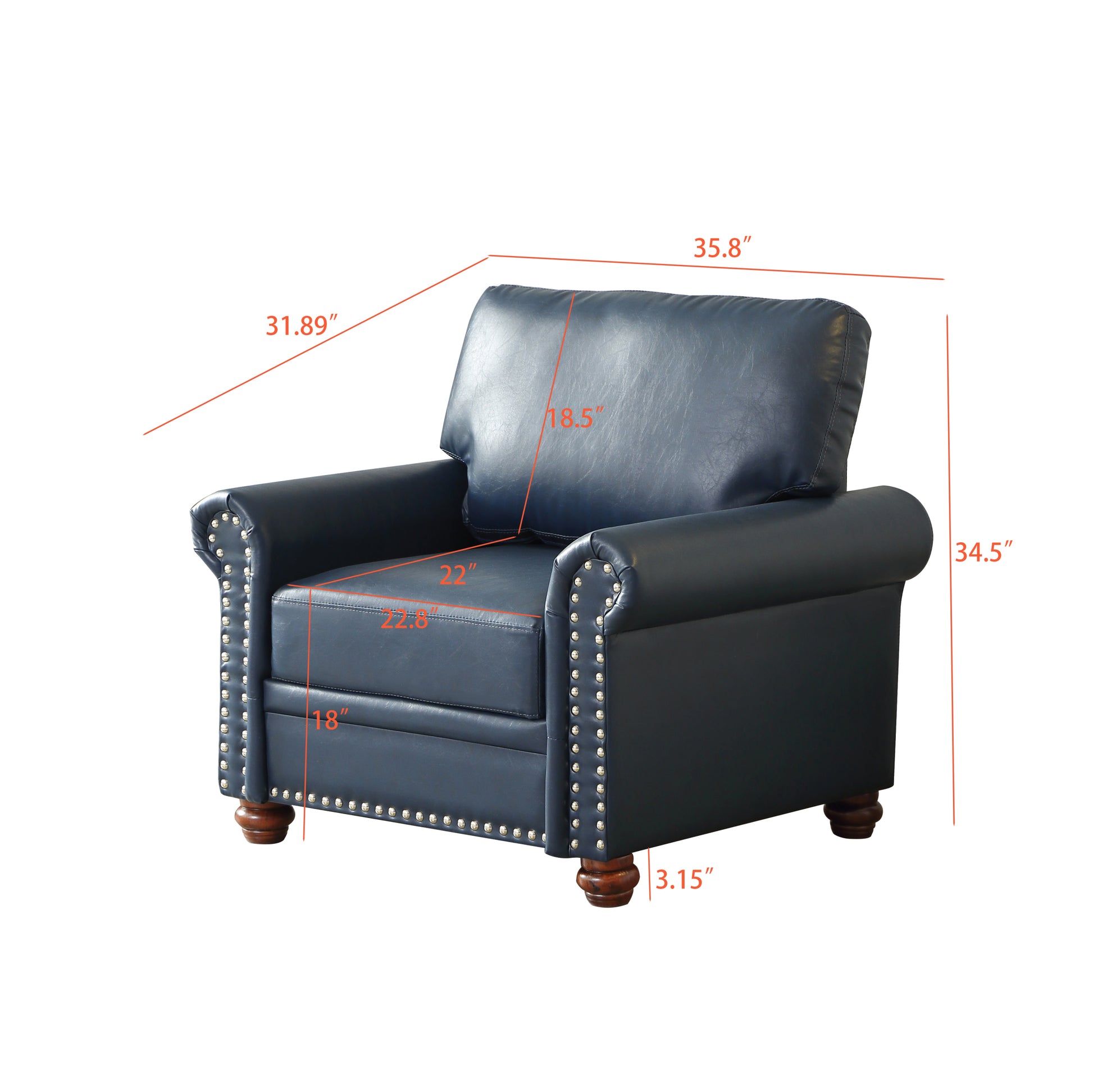 Living Room Sofa Single Seat Chair With Wood Leg Navy Blue Faux Leather Navy Blue Foam Pu Leather