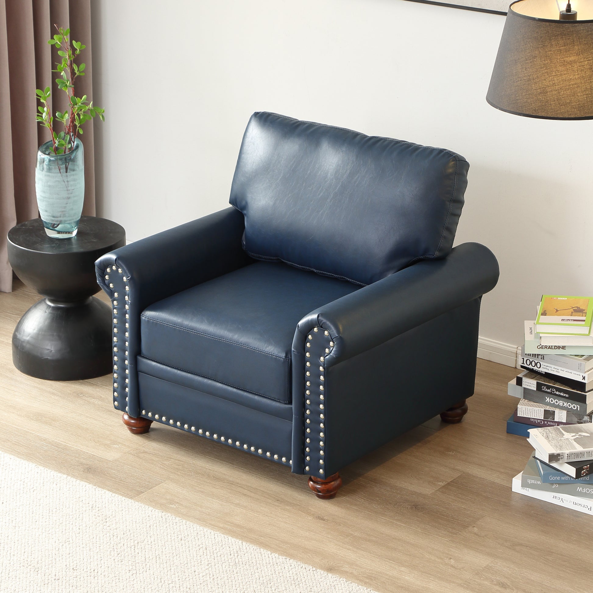 Living Room Sofa Single Seat Chair With Wood Leg Navy Blue Faux Leather Navy Blue Foam Pu Leather