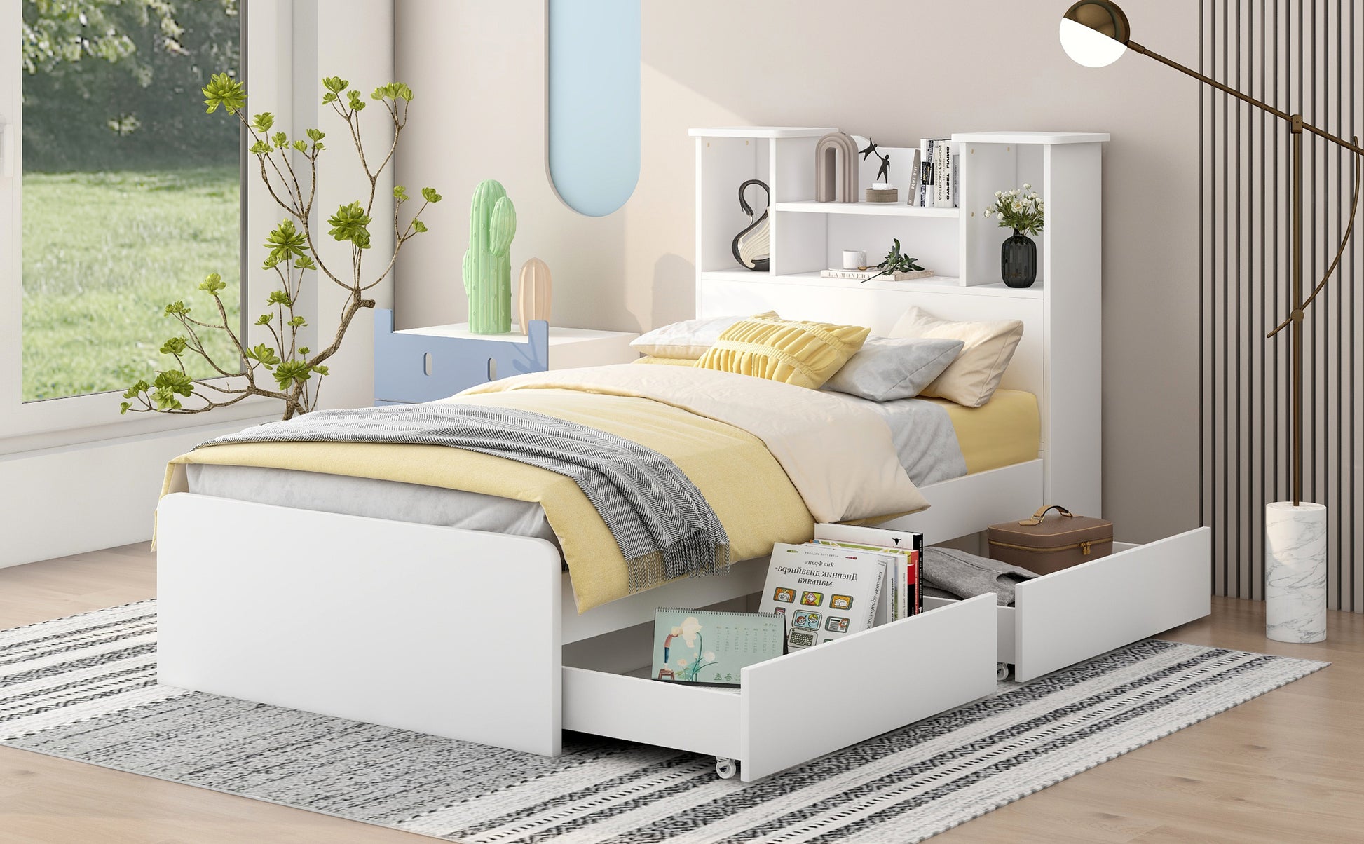 Twin Size Storage Platform Bed Frame With 4 Open Storage Shelves And 2 Storage Drawers,Led Light,White White Solid Wood Mdf