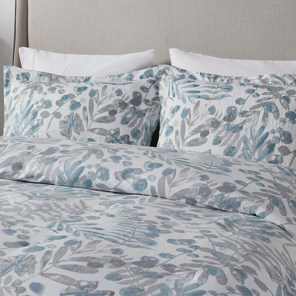 5 Piece Seersucker Duvet Cover Set With Throw Pillows Blue Polyester