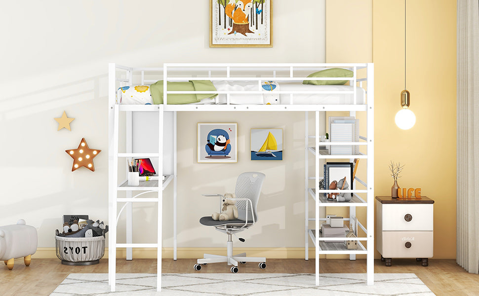 Full Size Loft Metal Bed With 3 Layers Of Shelves And Desk, Stylish Metal Frame Bed With Whiteboard, White White Metal