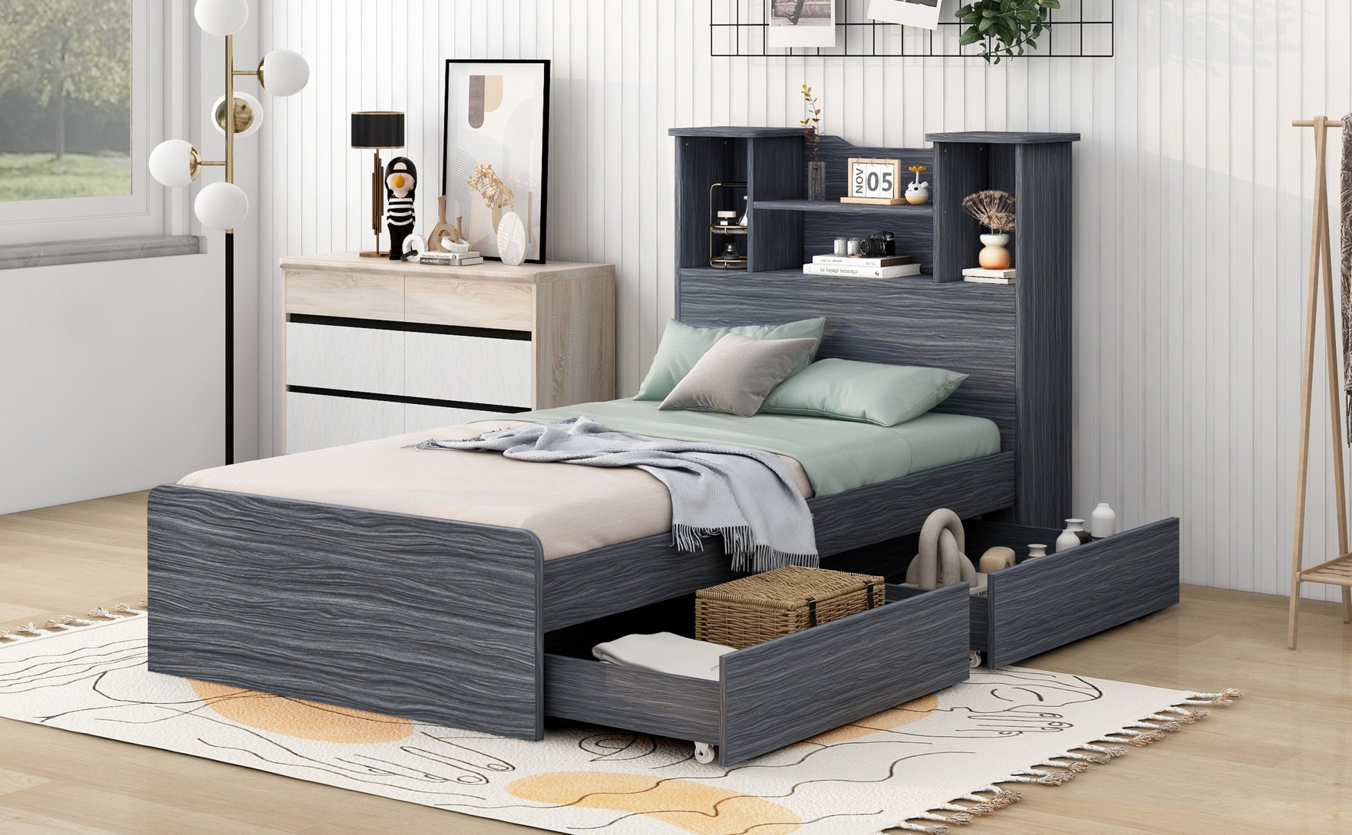 Twin Size Storage Platform Bed Frame With 4 Open Storage Shelves And 2 Storage Drawers,Led Light,Gray Gray Solid Wood Mdf