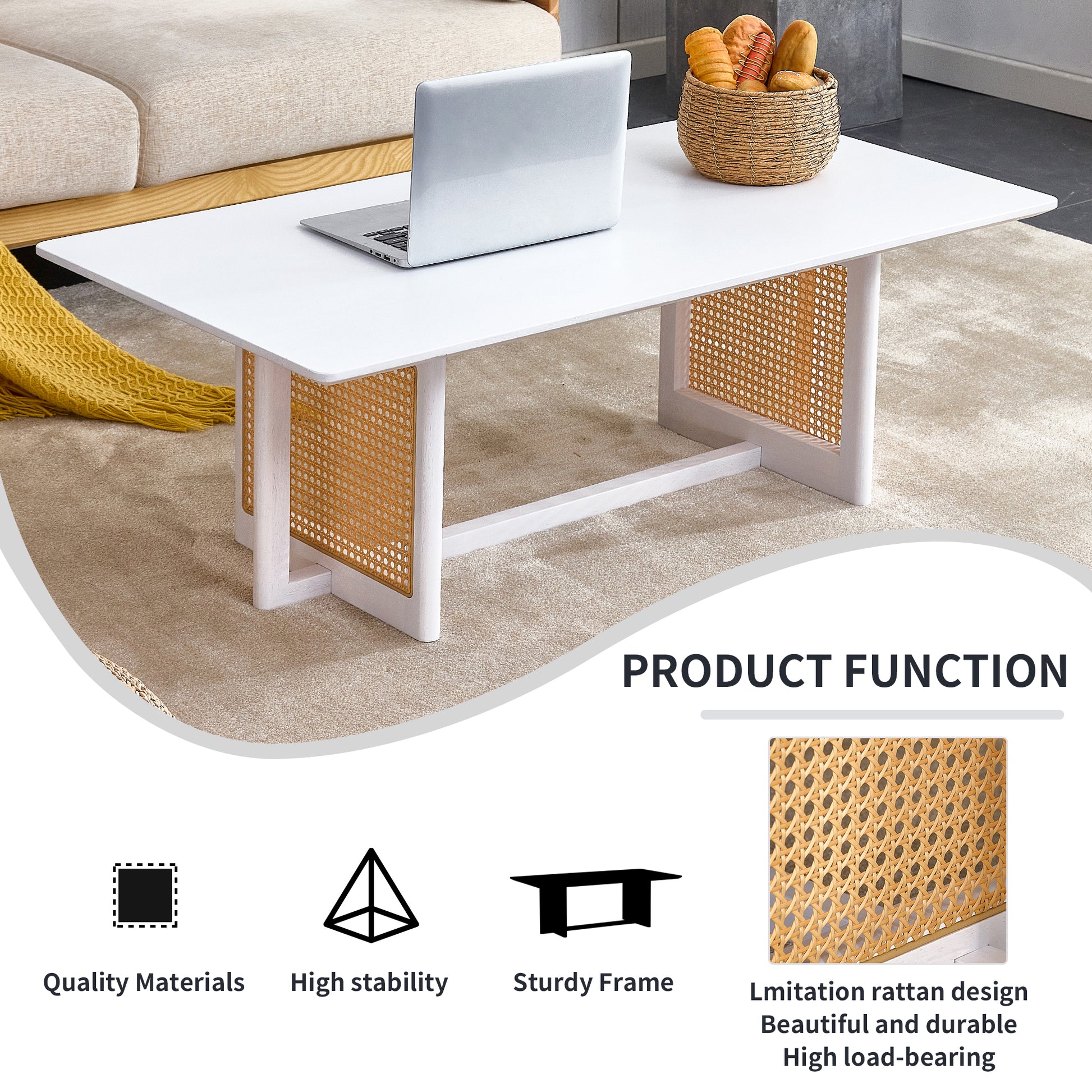 Chinese Style White Solid Wood And Imitation Rattan Coffee Table, Rectangular Solid Wood Coffee Low Table, Small Living Room Coffee Table White Solid Wood
