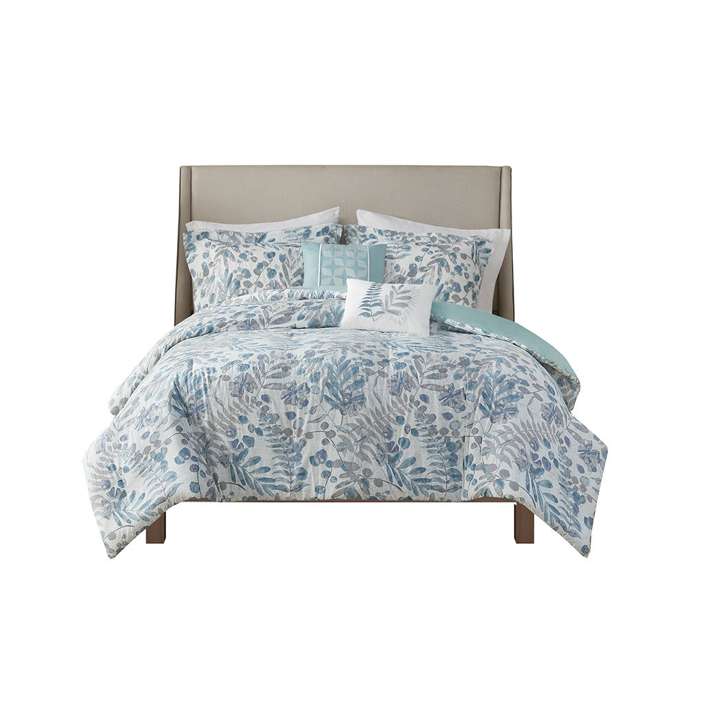 5 Piece Seersucker Duvet Cover Set With Throw Pillows Blue Polyester