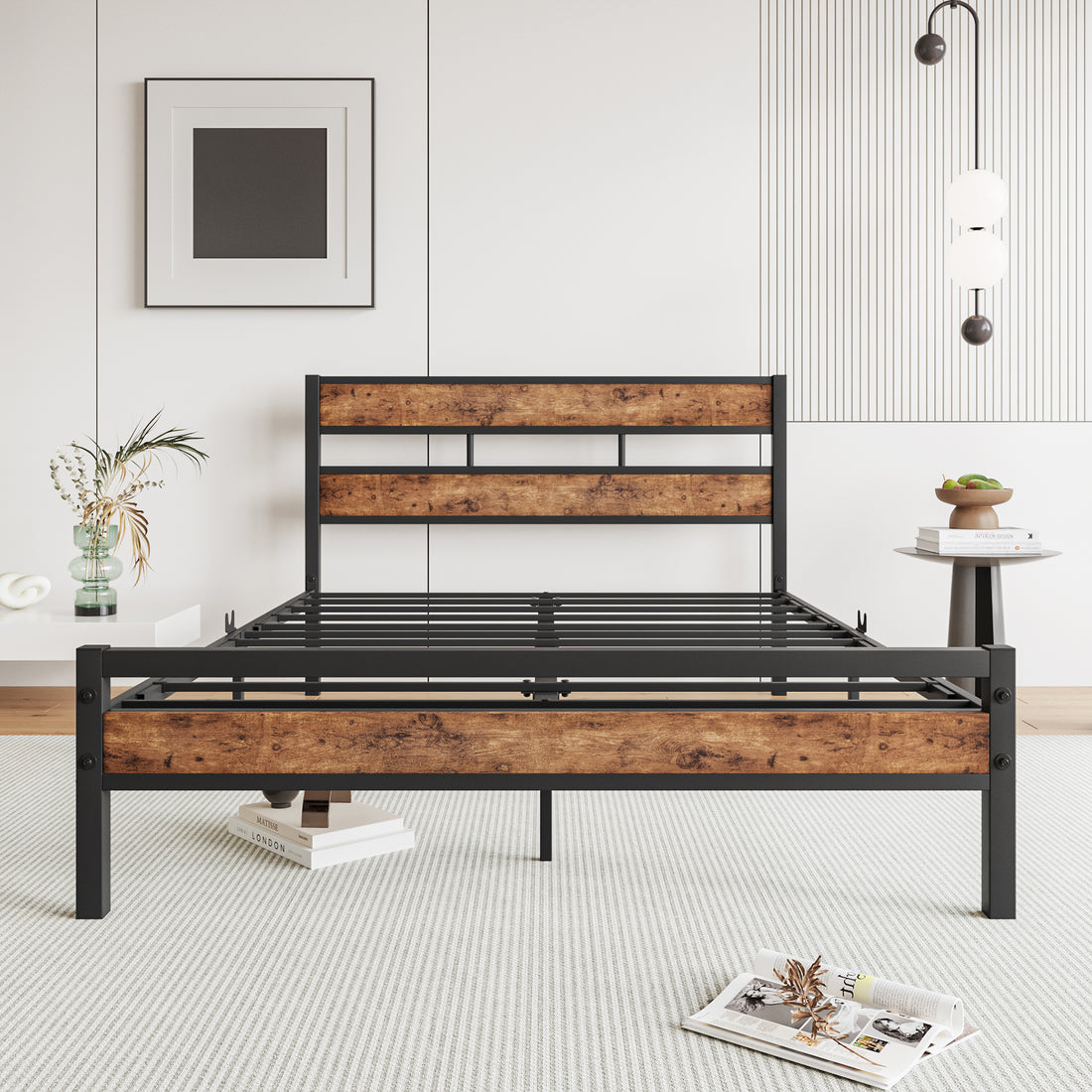 Full Size Platform Bed Frame With Rustic Vintage Wood Headboard, Strong Metal Slats Support, No Box Spring Needed Box Spring Not Required Full Black Metal Brown Bedroom Bed Frame Metal & Wood