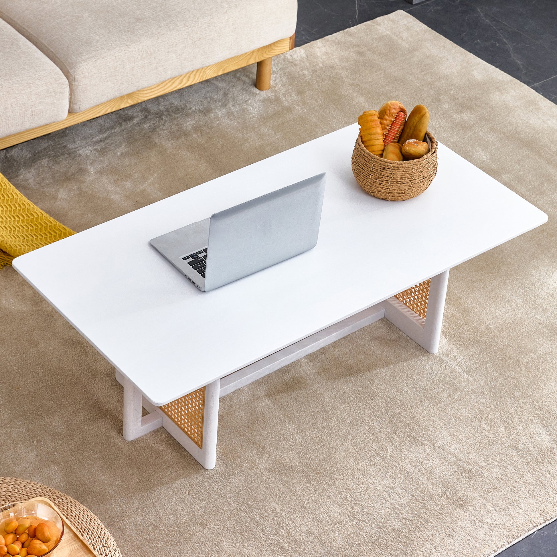 Chinese Style White Solid Wood And Imitation Rattan Coffee Table, Rectangular Solid Wood Coffee Low Table, Small Living Room Coffee Table White Solid Wood