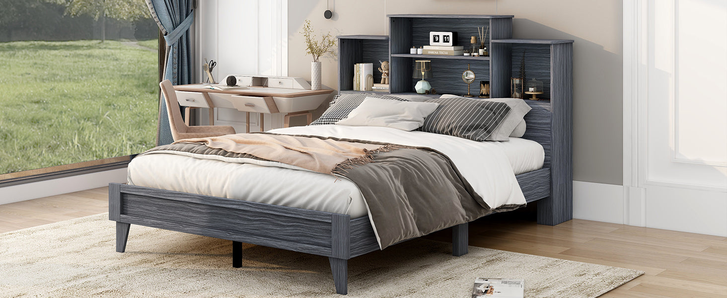 Queen Size Storage Platform Bed Frame With 4 Open Storage Shelves And Usb Charging Design,Gray Gray Solid Wood Mdf