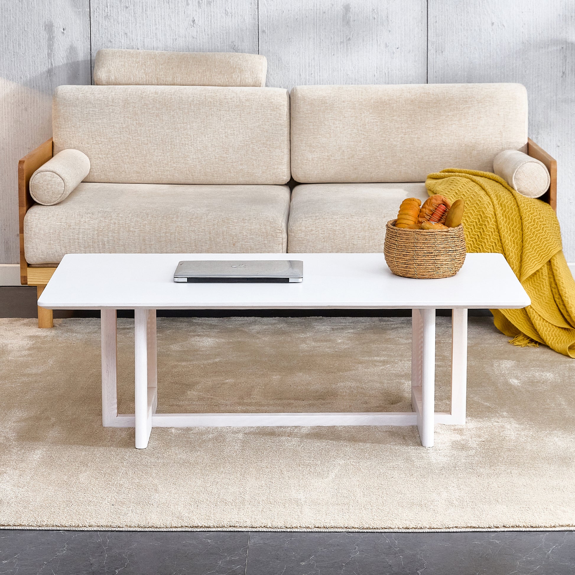 Chinese Style White Solid Wood And Imitation Rattan Coffee Table, Rectangular Solid Wood Coffee Low Table, Small Living Room Coffee Table White Solid Wood