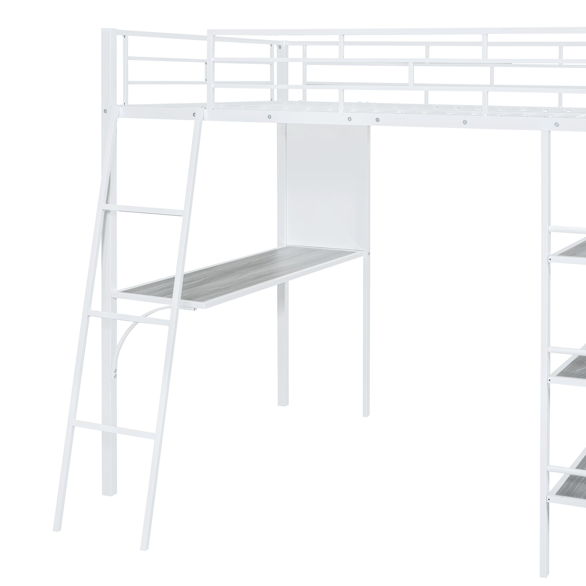 Full Size Loft Metal Bed With 3 Layers Of Shelves And Desk, Stylish Metal Frame Bed With Whiteboard, White White Metal