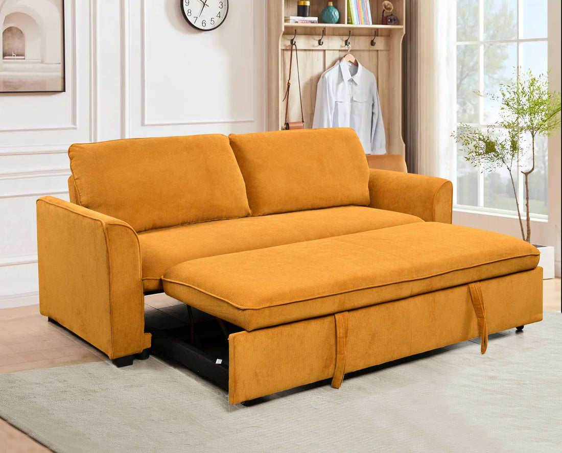 78 Inch 3 In 1 Convertible Sleeper Sofa Bed, Modern Fabric Loveseat Futon Sofa Couch W Pullout Bed, Small Beautiful Seat Lounge Sofa W Reclining Backrest, Furniture For Living Room, Yellow Light Brown Wood Primary Living Space Heavy Duty Eucalyptus 3