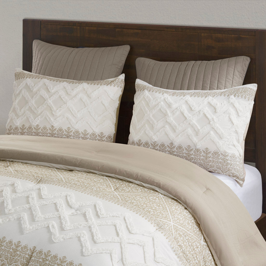 3 Piece Cotton Comforter Set With Chenille Tufting Taupe Cotton