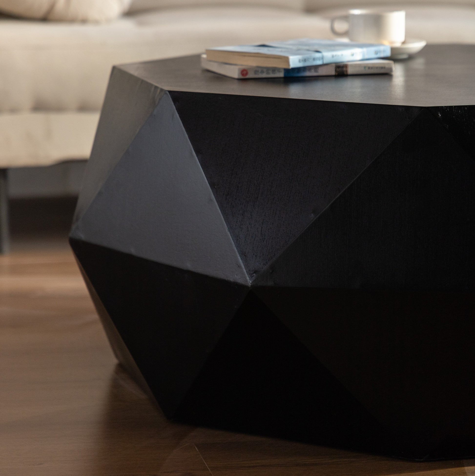 38"Three Dimensional Embossed Pattern Design American Retro Style Coffee Table,Black Tabletop Black Mdf