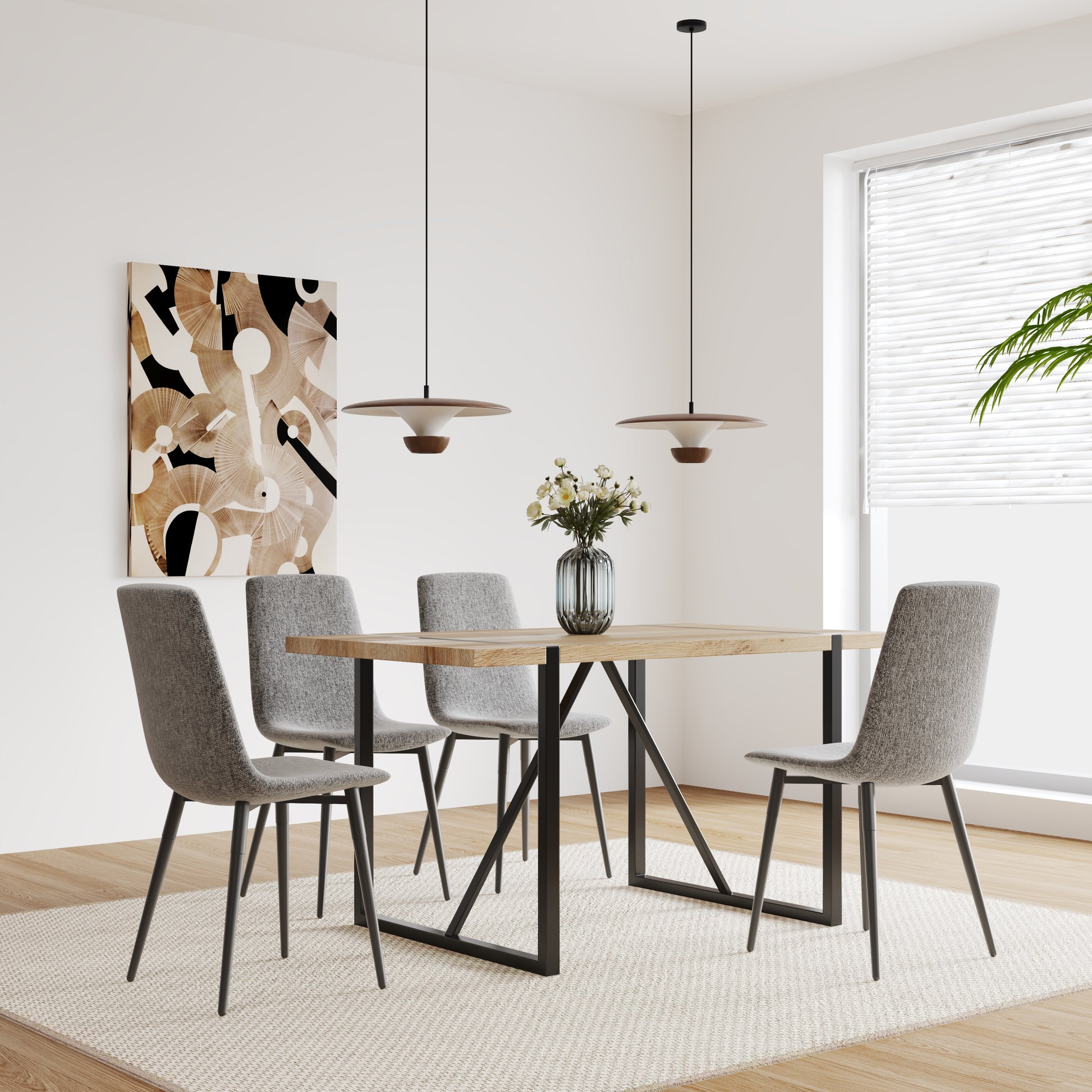 Mdf Wood Colour Dining Table And Modern Dining Chairs Set Of 4, Mid Century Wooden Kitchen Table Set, Metal Base & Legs, Dining Room Table And Linen Chairs Natural Grey Kitchen Mid Century Modern Mdf