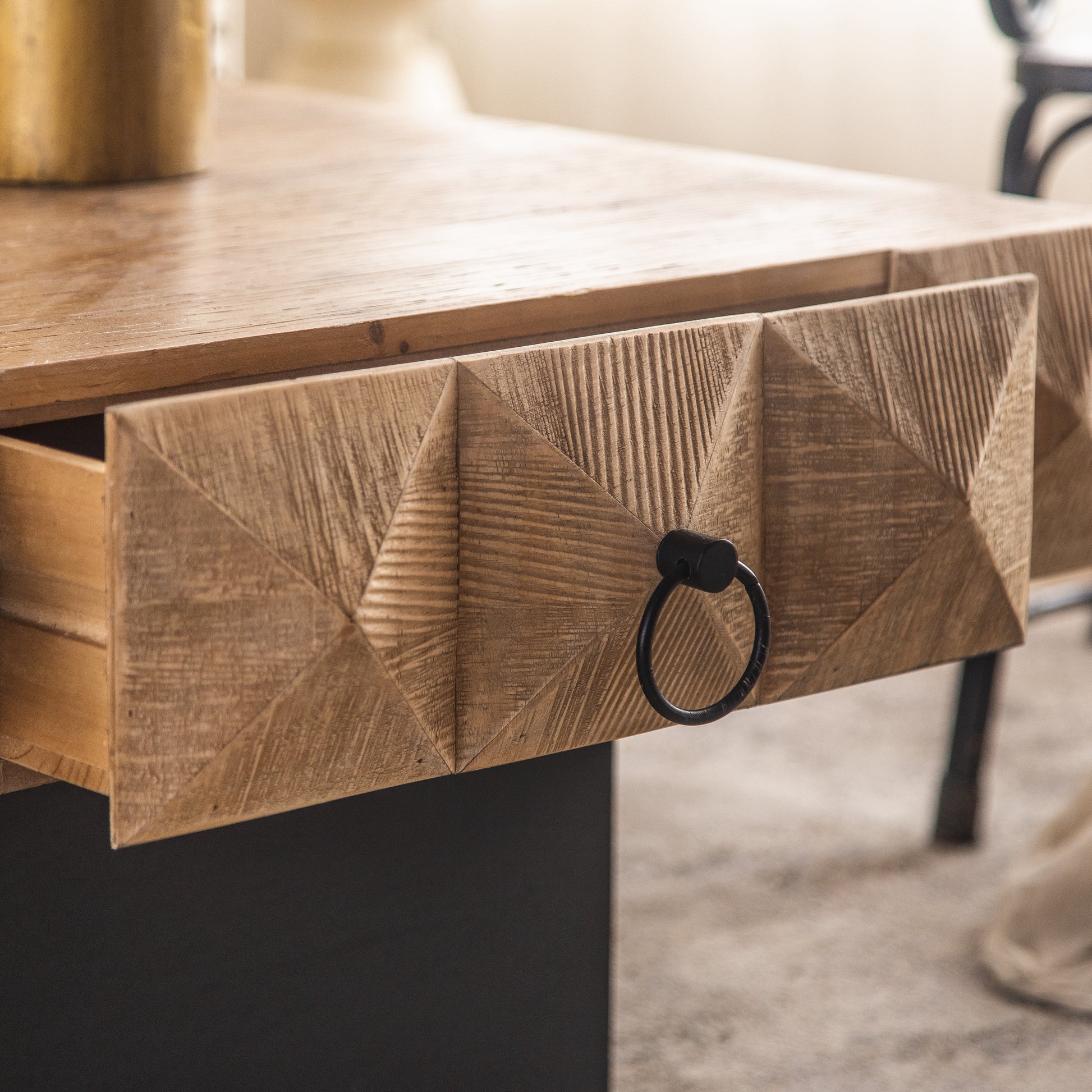 32.28"Three Dimensional Embossed Pattern Square Retro Coffee Table With 2 Drawers And Mdf Base Natural Solid Wood Mdf