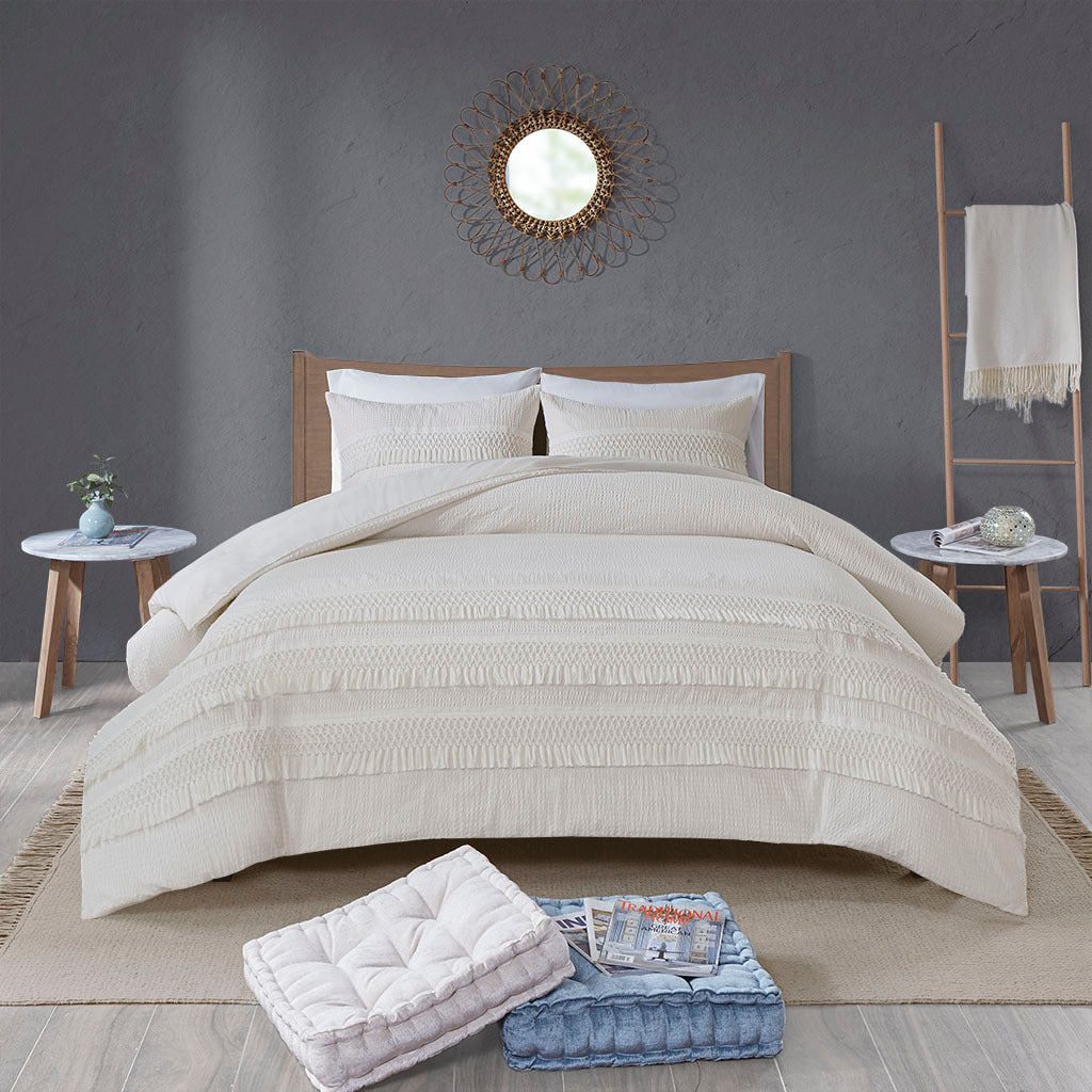 3 Piece Cotton Seersucker Comforter Set Ivory Cotton