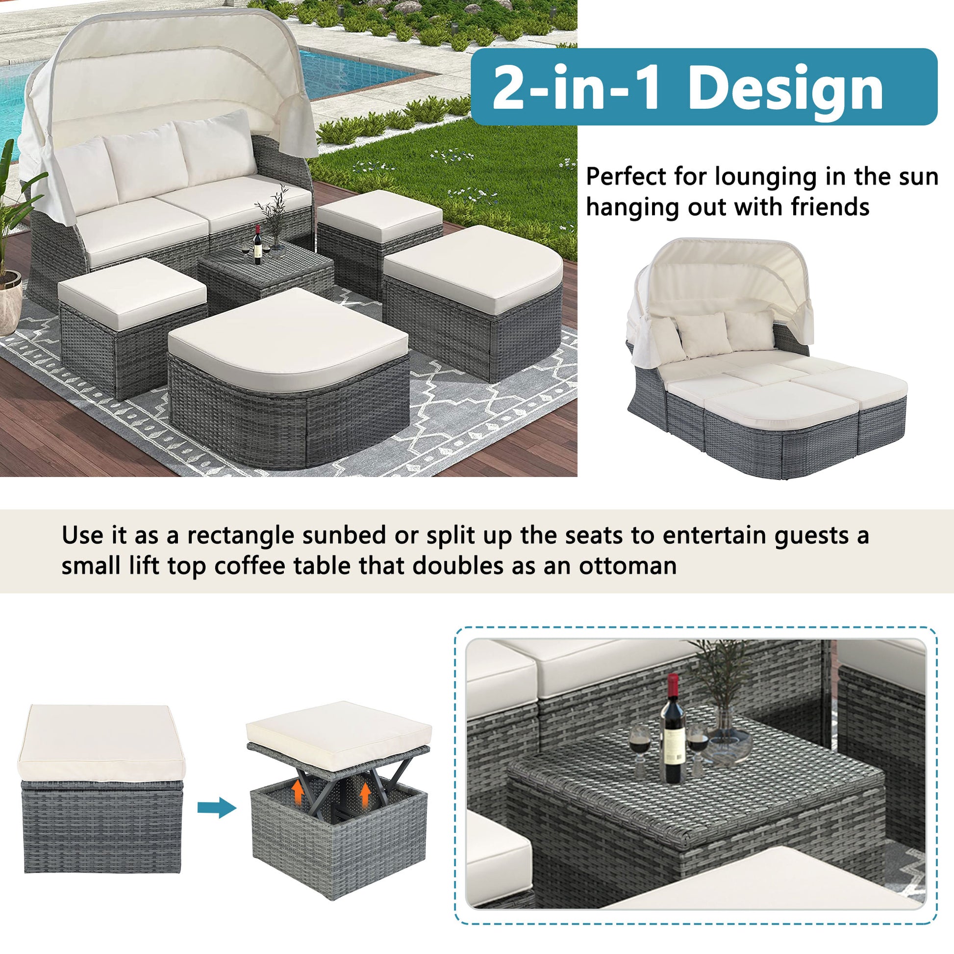 Outdoor Patio Furniture Set Daybed Sunbed With Retractable Canopy Conversation Set Wicker Furniture As Same As Wy000281Aae Beige Rattan