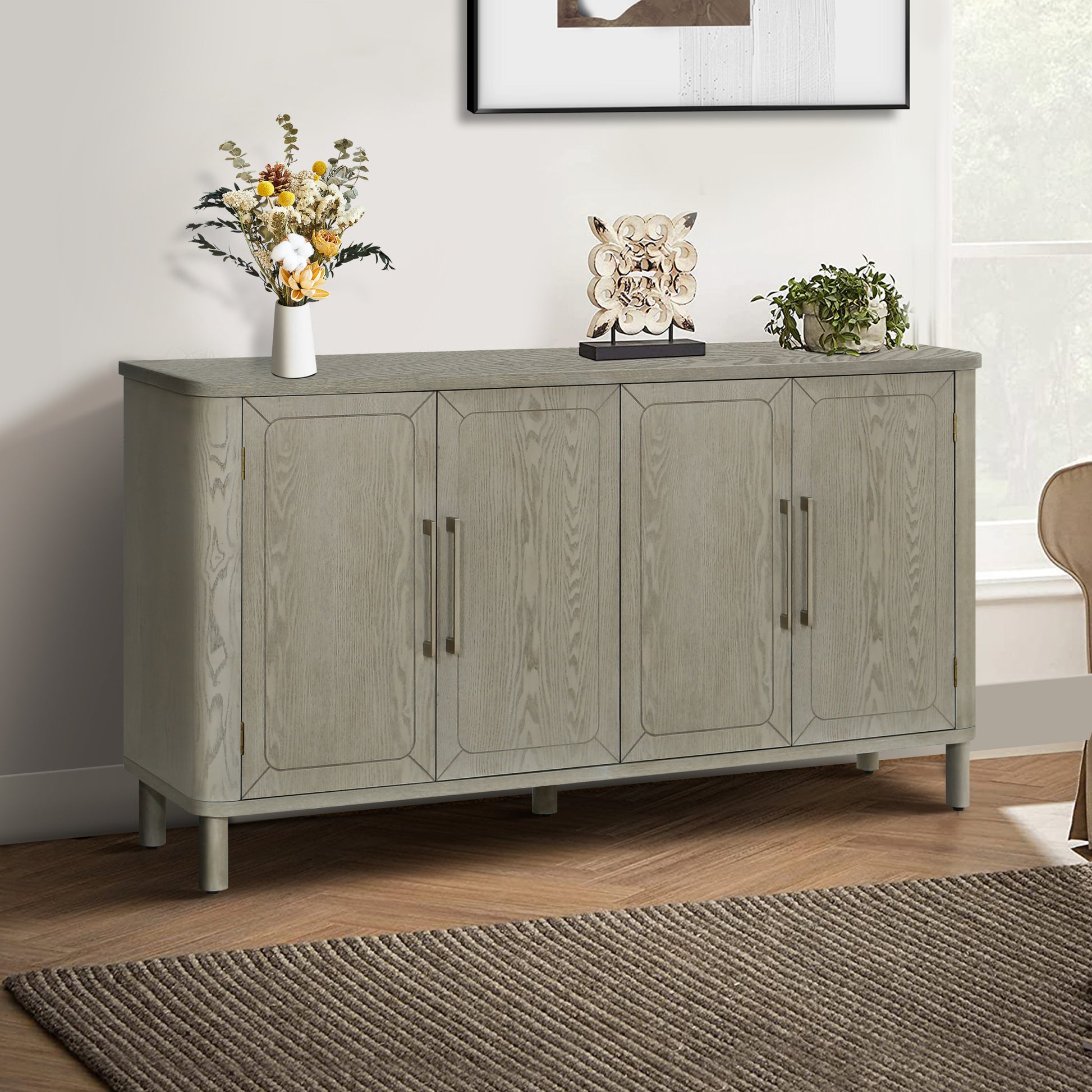 60'' Rounded Design Elements Throughout The Sideboard Including Tabletop, Legs, Four Side Furniture Suitable For Kitchen, Living Room, Entryway Light Gray Mdf