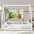 Full Tent Shaped Floor Bed, With Guardrails, Slats, Door ,White Full White Wood Bedroom American Design Pine Bed Frame Pine