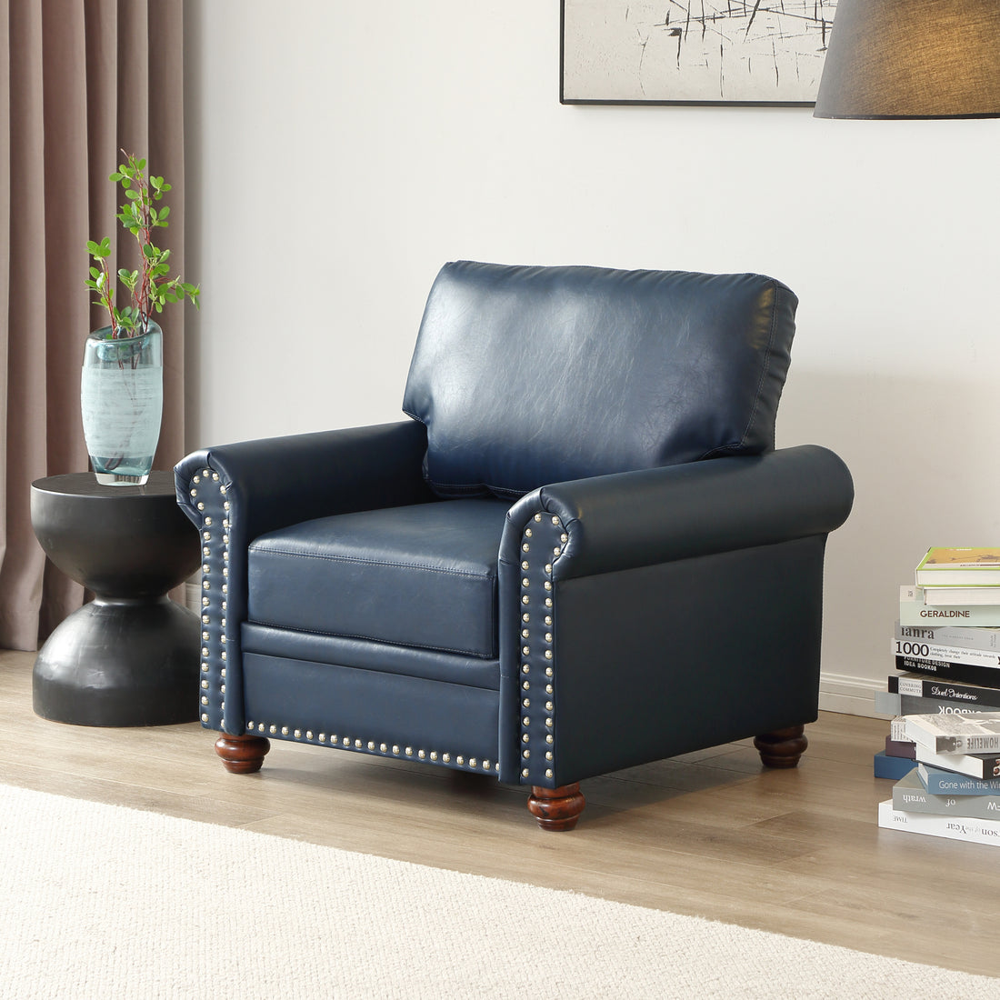 Living Room Sofa Single Seat Chair With Wood Leg Navy Blue Faux Leather Navy Blue Foam Pu Leather