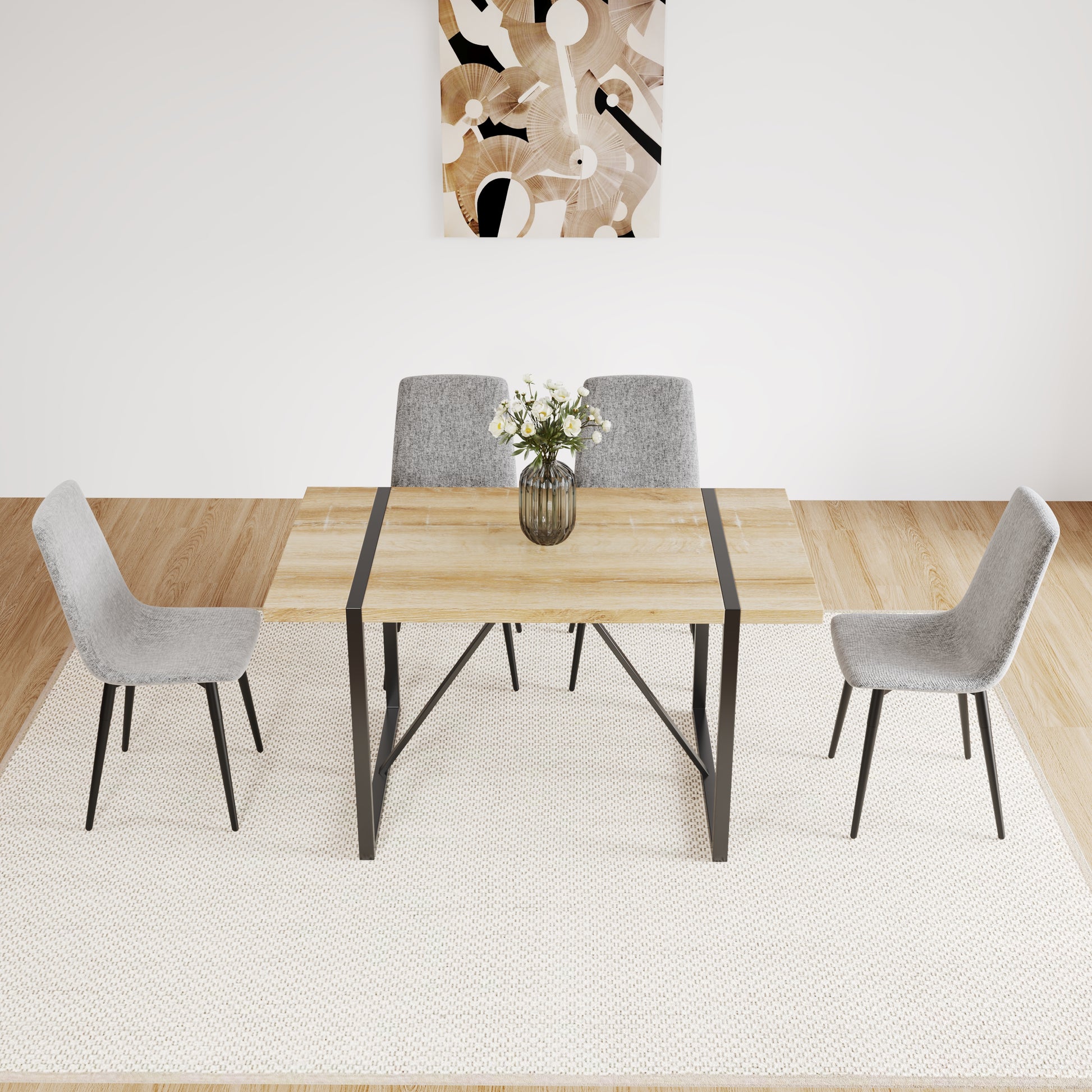 Mdf Wood Colour Dining Table And Modern Dining Chairs Set Of 4, Mid Century Wooden Kitchen Table Set, Metal Base & Legs, Dining Room Table And Linen Chairs Natural Grey Kitchen Mid Century Modern Mdf