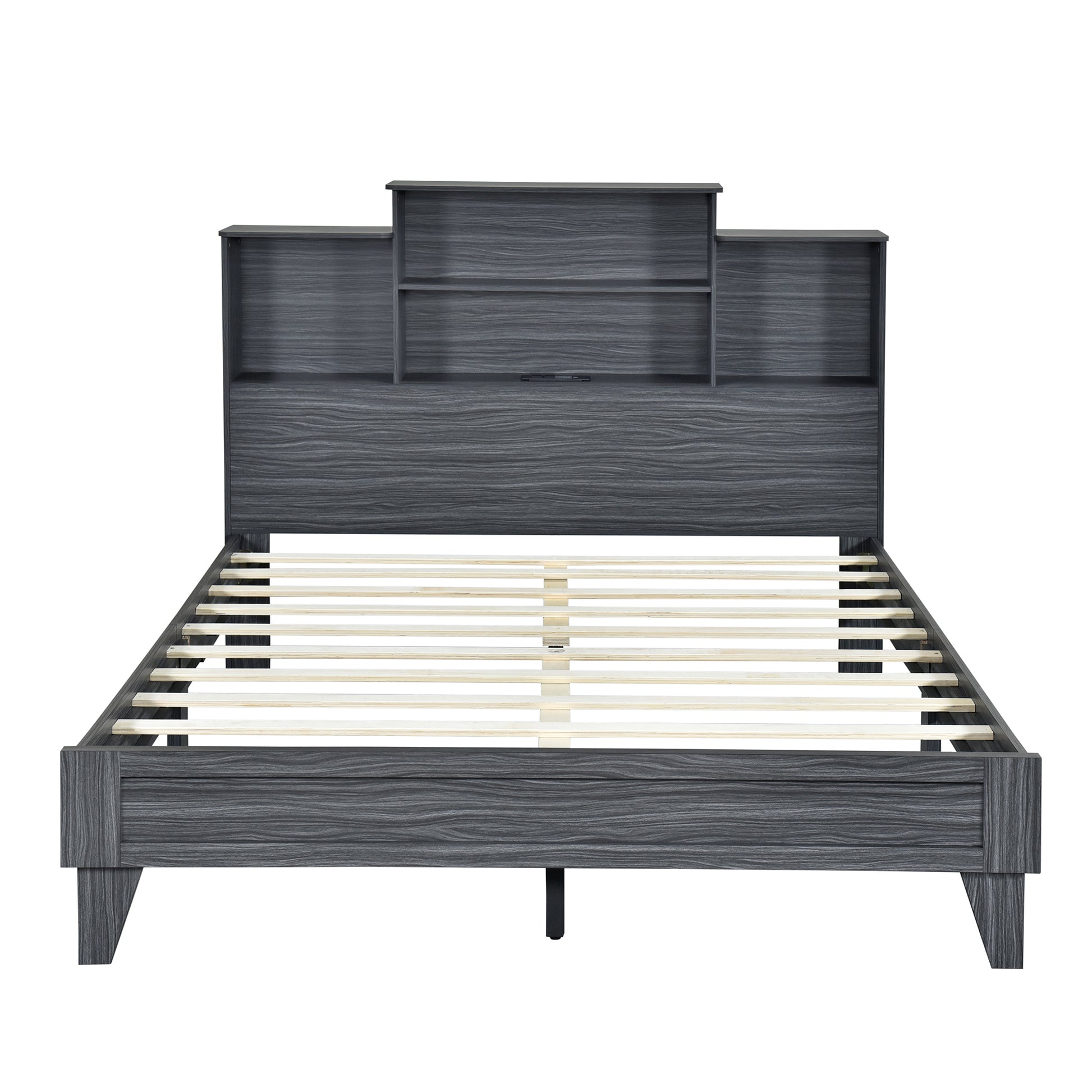 Queen Size Storage Platform Bed Frame With 4 Open Storage Shelves And Usb Charging Design,Gray Gray Solid Wood Mdf