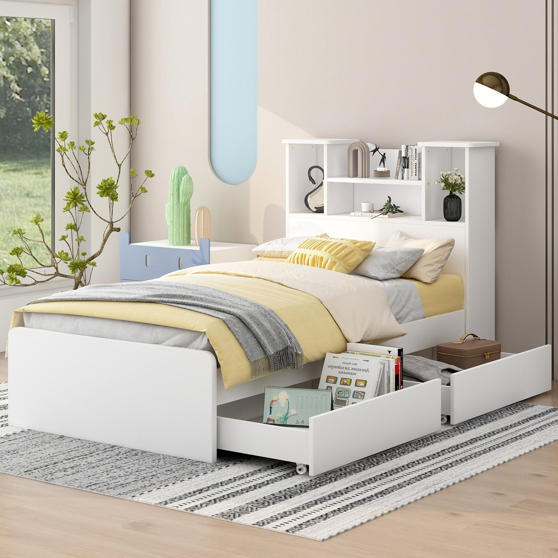 Twin Size Storage Platform Bed Frame With 4 Open Storage Shelves And 2 Storage Drawers,Led Light,White White Solid Wood Mdf