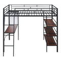 Full Size Loft Metal Bed With 3 Layers Of Shelves And Desk, Stylish Metal Frame Bed With Whiteboard, Black Black Metal