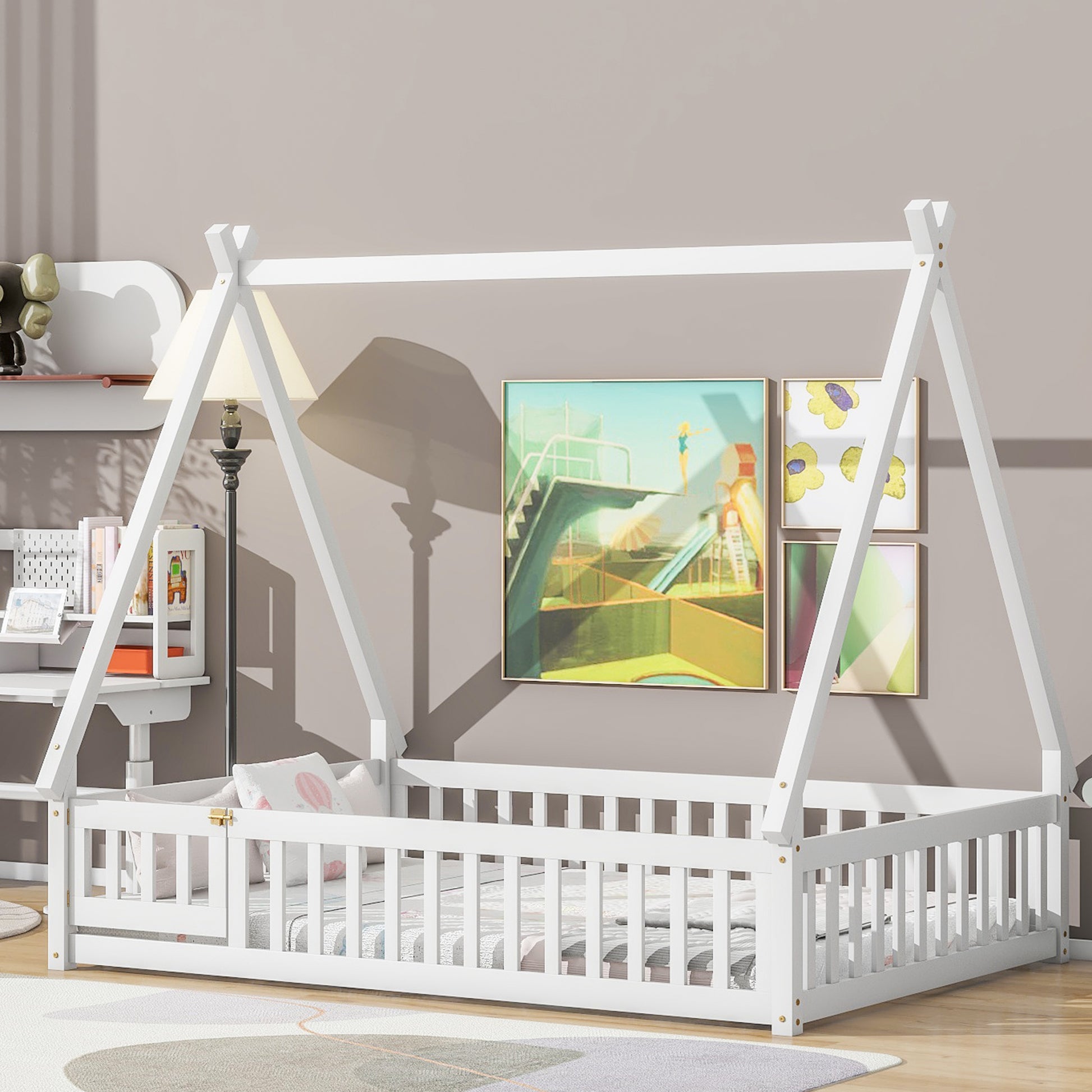 Full Tent Shaped Floor Bed, With Guardrails, Slats, Door ,White Full White Wood Bedroom American Design Pine Bed Frame Pine