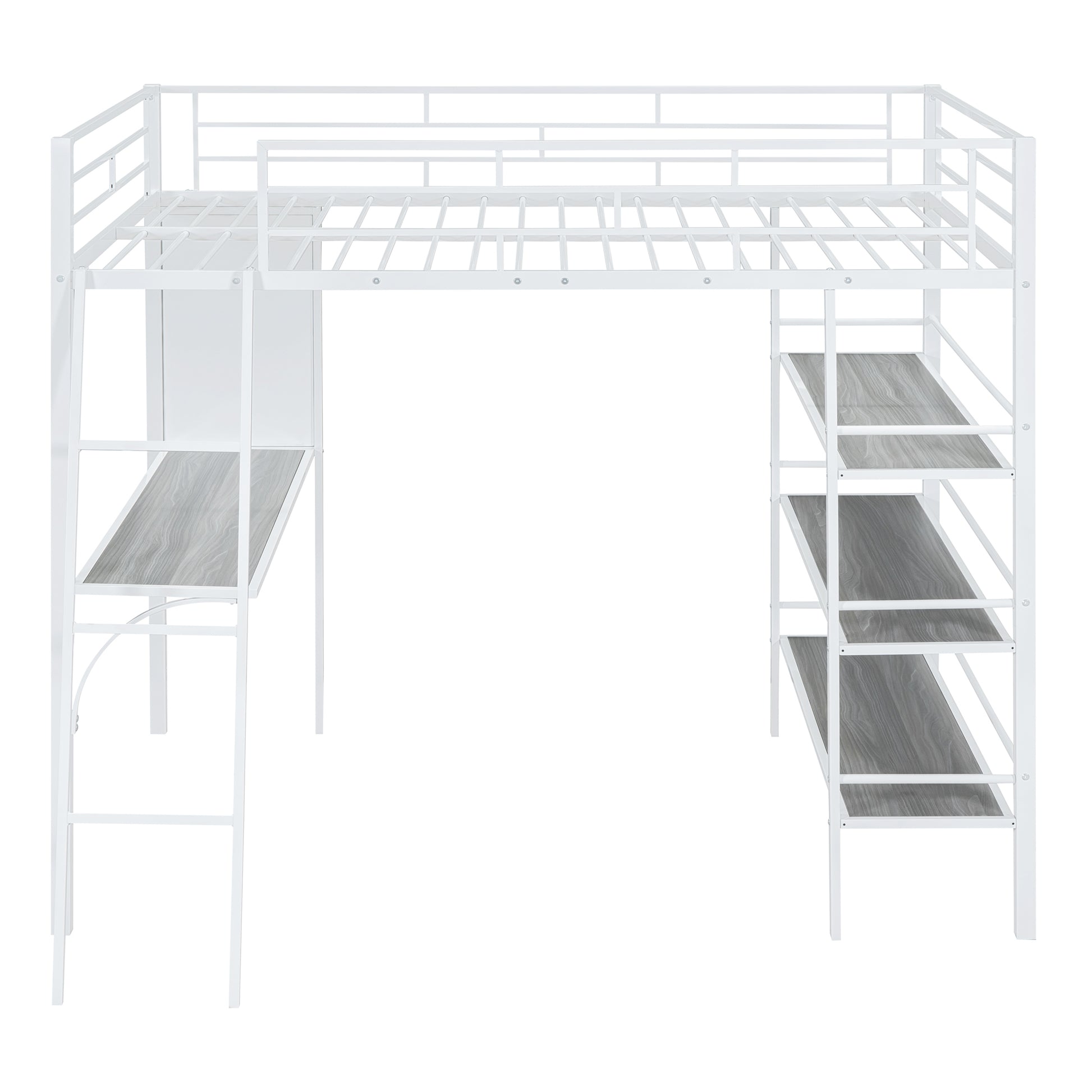 Full Size Loft Metal Bed With 3 Layers Of Shelves And Desk, Stylish Metal Frame Bed With Whiteboard, White White Metal