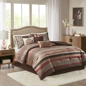 7 Piece Comforter Set Red Polyester