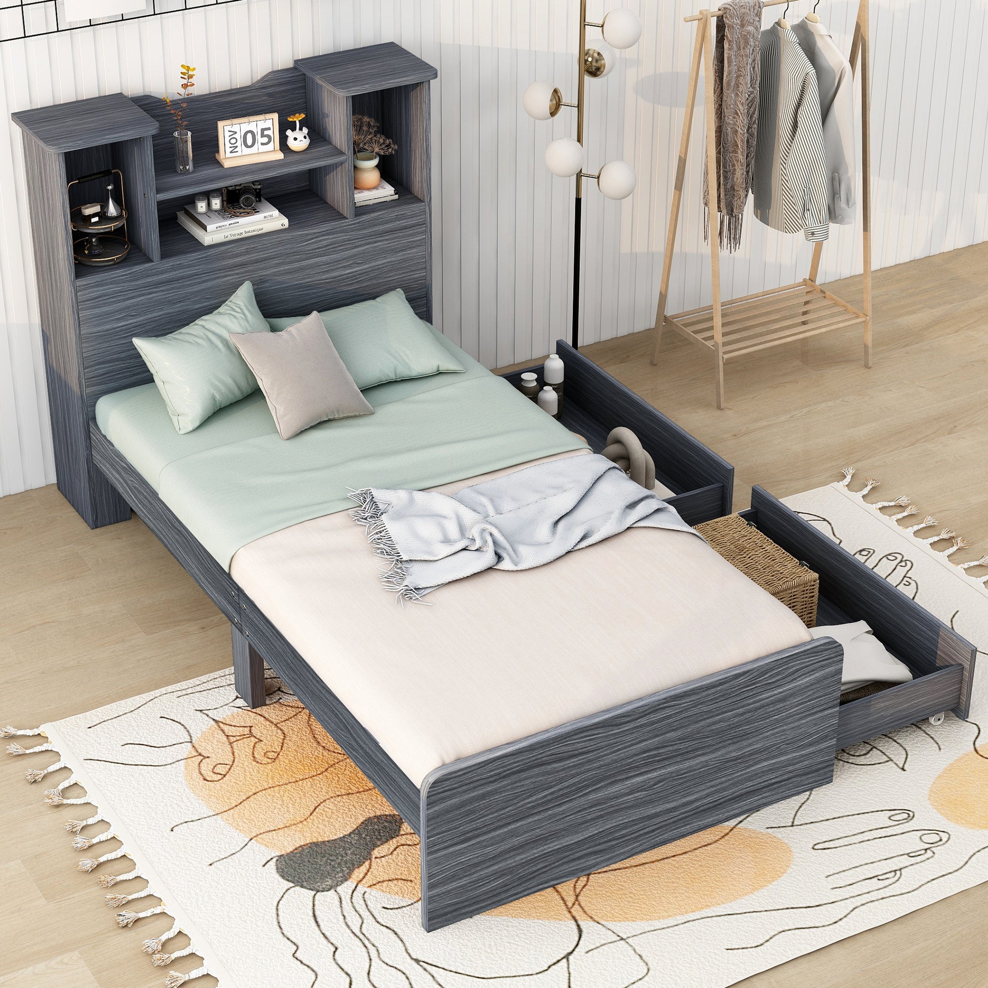 Twin Size Storage Platform Bed Frame With 4 Open Storage Shelves And 2 Storage Drawers,Led Light,Gray Gray Solid Wood Mdf