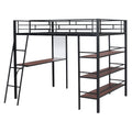 Full Size Loft Metal Bed With 3 Layers Of Shelves And Desk, Stylish Metal Frame Bed With Whiteboard, Black Black Metal