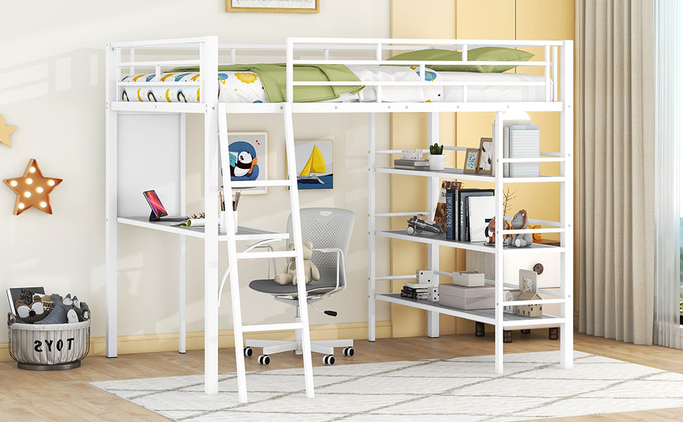 Full Size Loft Metal Bed With 3 Layers Of Shelves And Desk, Stylish Metal Frame Bed With Whiteboard, White White Metal