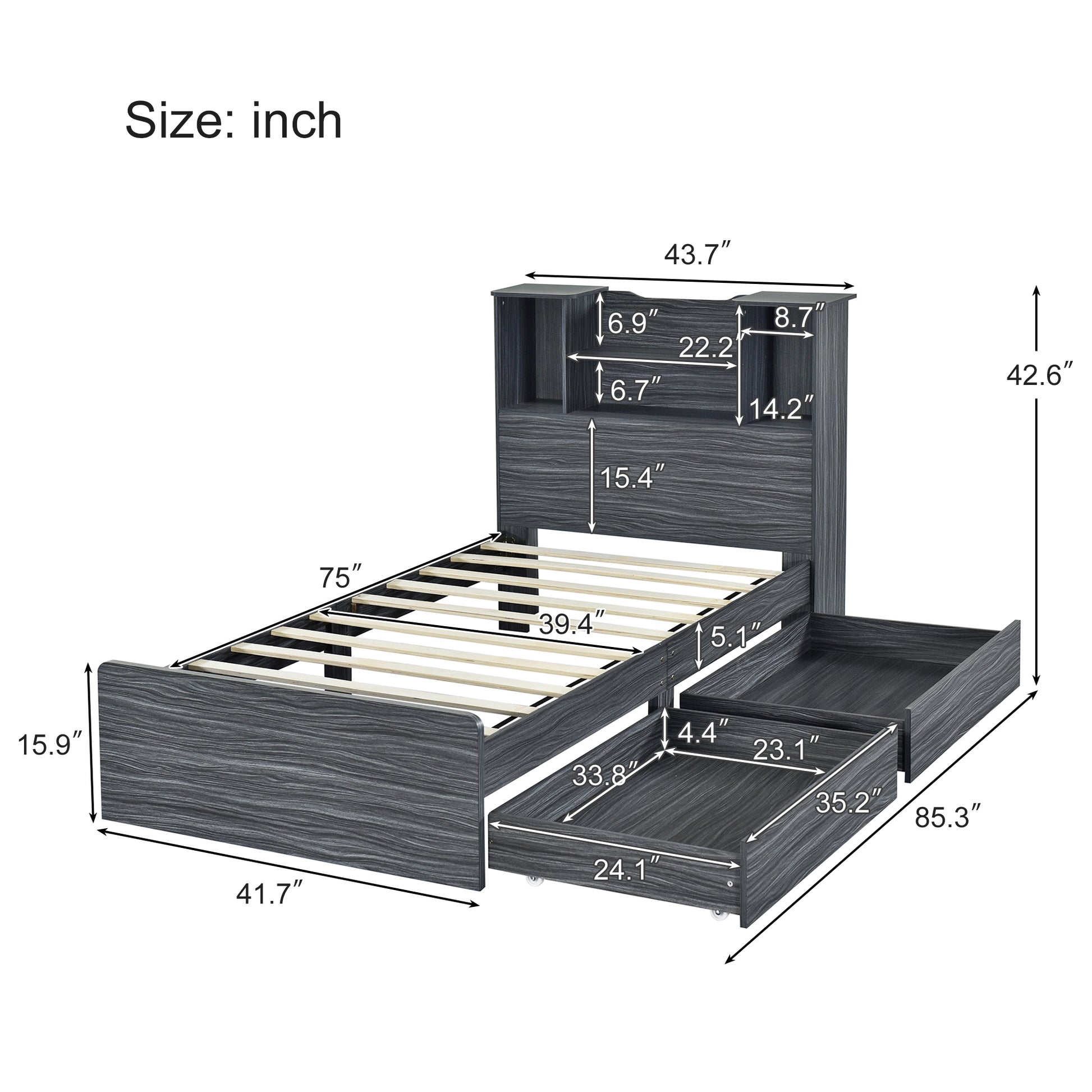 Twin Size Storage Platform Bed Frame With 4 Open Storage Shelves And 2 Storage Drawers,Led Light,Gray Gray Solid Wood Mdf