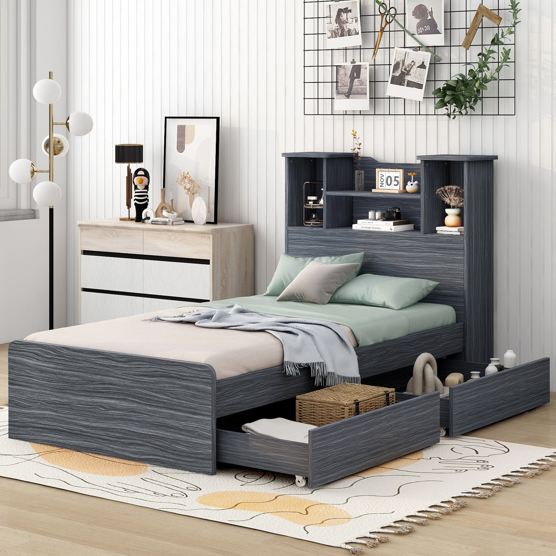 Twin Size Storage Platform Bed Frame With 4 Open Storage Shelves And 2 Storage Drawers,Led Light,Gray Gray Solid Wood Mdf