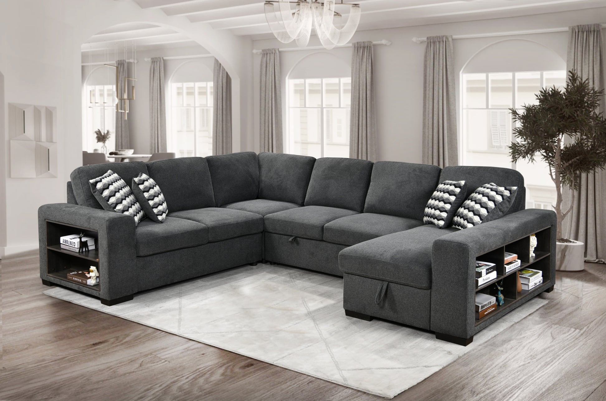 125'' Modern U Shaped 7 Seat Sectional Sofa Couch With Cabinet,Sofa Bed With Storage Chaise Pull Out Couch Bed For Living Room,Dark Gray Light Brown Wood Primary Living Space Heavy Duty Eucalyptus 7 Seat Dark Gray Polyester Soft Pillow Back Modern Square