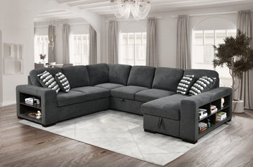 125'' Modern U Shaped 7 Seat Sectional Sofa Couch With Cabinet,Sofa Bed With Storage Chaise Pull Out Couch Bed For Living Room,Dark Gray Light Brown Wood Primary Living Space Heavy Duty Eucalyptus 7 Seat Dark Gray Polyester Soft Pillow Back Modern Square