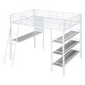 Full Size Loft Metal Bed With 3 Layers Of Shelves And Desk, Stylish Metal Frame Bed With Whiteboard, White White Metal