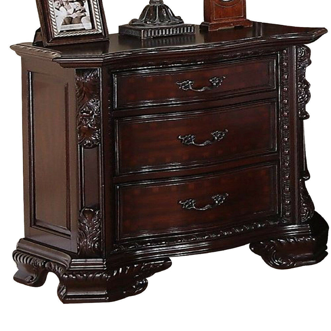 1Pc Traditional Nightstand End Table With Three Storage Drawers Brown Cherry Decorative Drawer Pulls Solid Wood Bedroom Furniture Brown 3 Drawers Bedside Cabinet Espresso Solid Wood