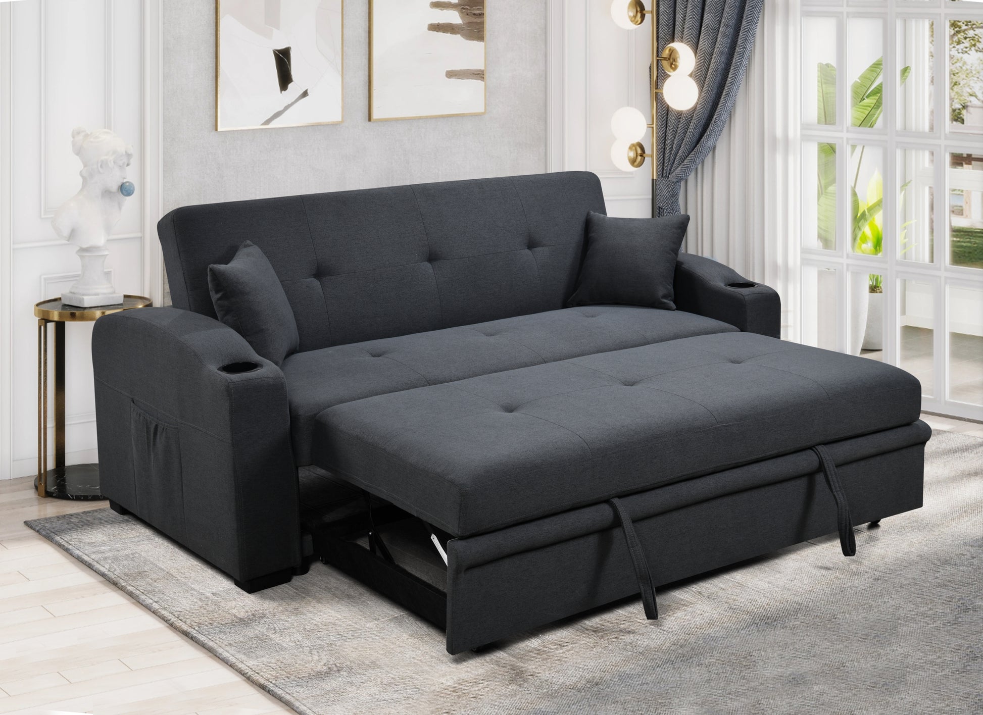 75 Inch 3 In 1 Convertible Modern Sofa With Convenient Pull Out Bed,Reclining Backrest, Cup Holders,Pillows And Pockets, Futon Couches For Living Room Apartment Office,Dark Blue Light Brown Wood Primary Living Space Heavy Duty Eucalyptus 3 Seat Dark Blue