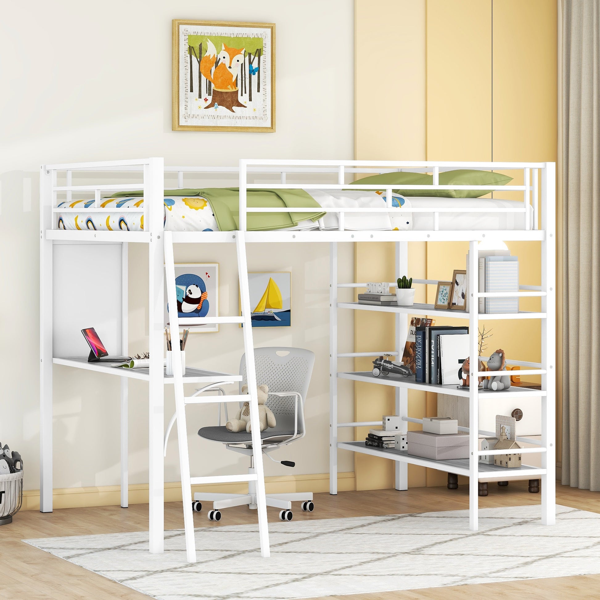 Full Size Loft Metal Bed With 3 Layers Of Shelves And Desk, Stylish Metal Frame Bed With Whiteboard, White White Metal