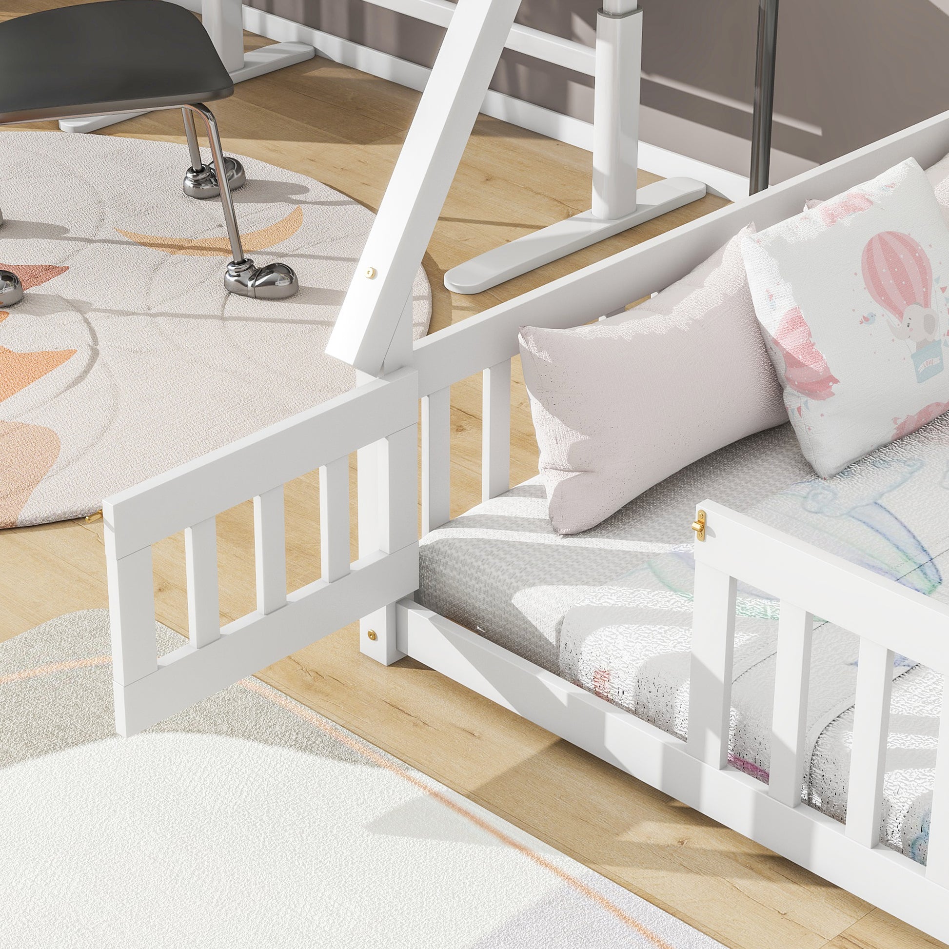 Full Tent Shaped Floor Bed, With Guardrails, Slats, Door ,White Full White Wood Bedroom American Design Pine Bed Frame Pine