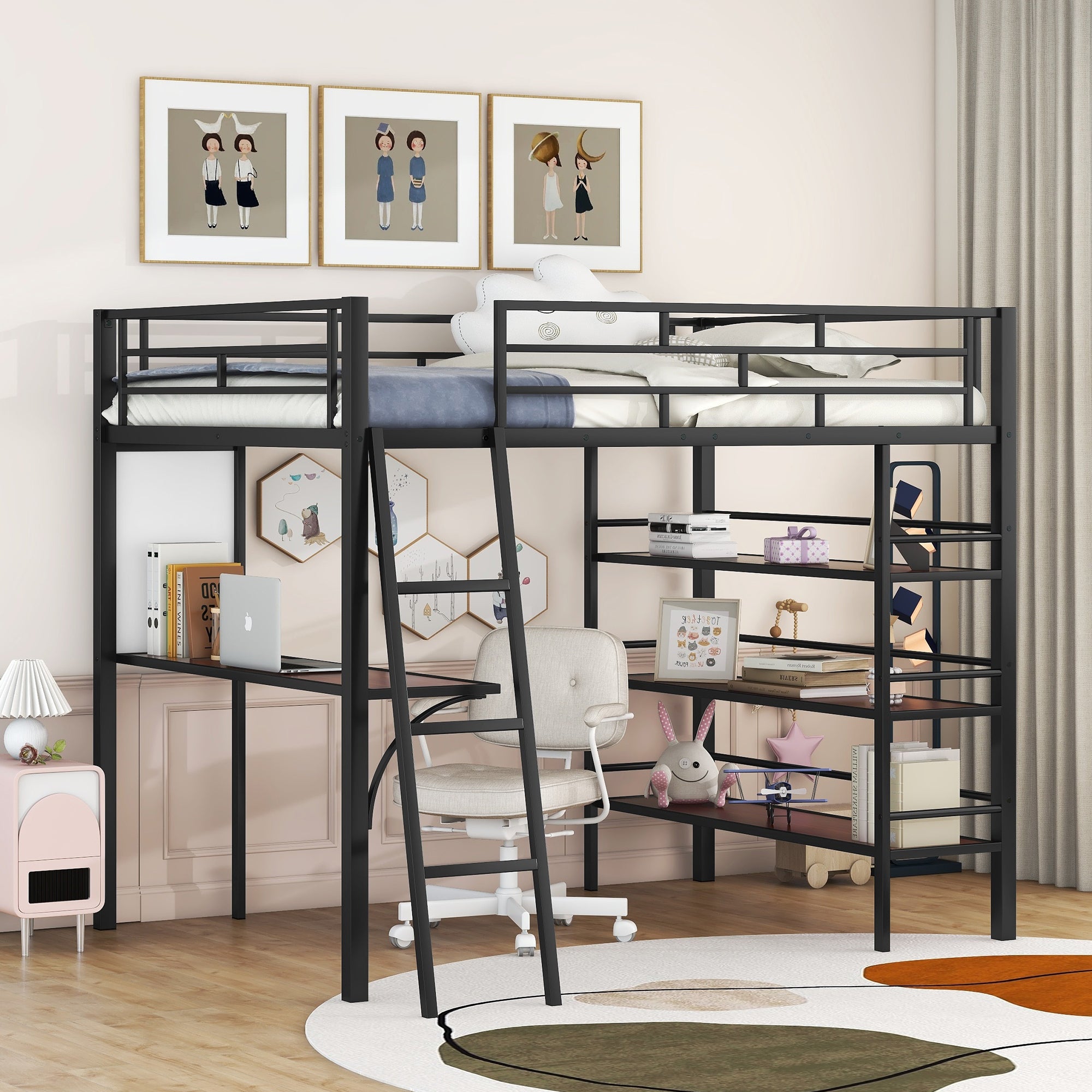 Full Size Loft Metal Bed With 3 Layers Of Shelves And Desk, Stylish Metal Frame Bed With Whiteboard, Black Black Metal