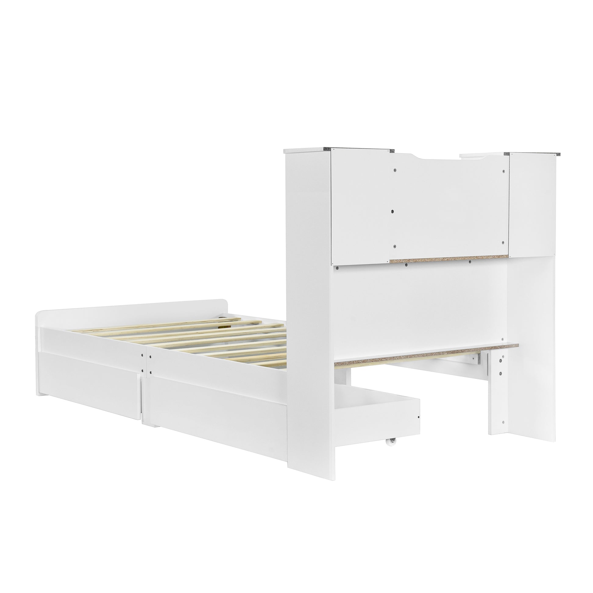 Twin Size Storage Platform Bed Frame With 4 Open Storage Shelves And 2 Storage Drawers,Led Light,White White Solid Wood Mdf