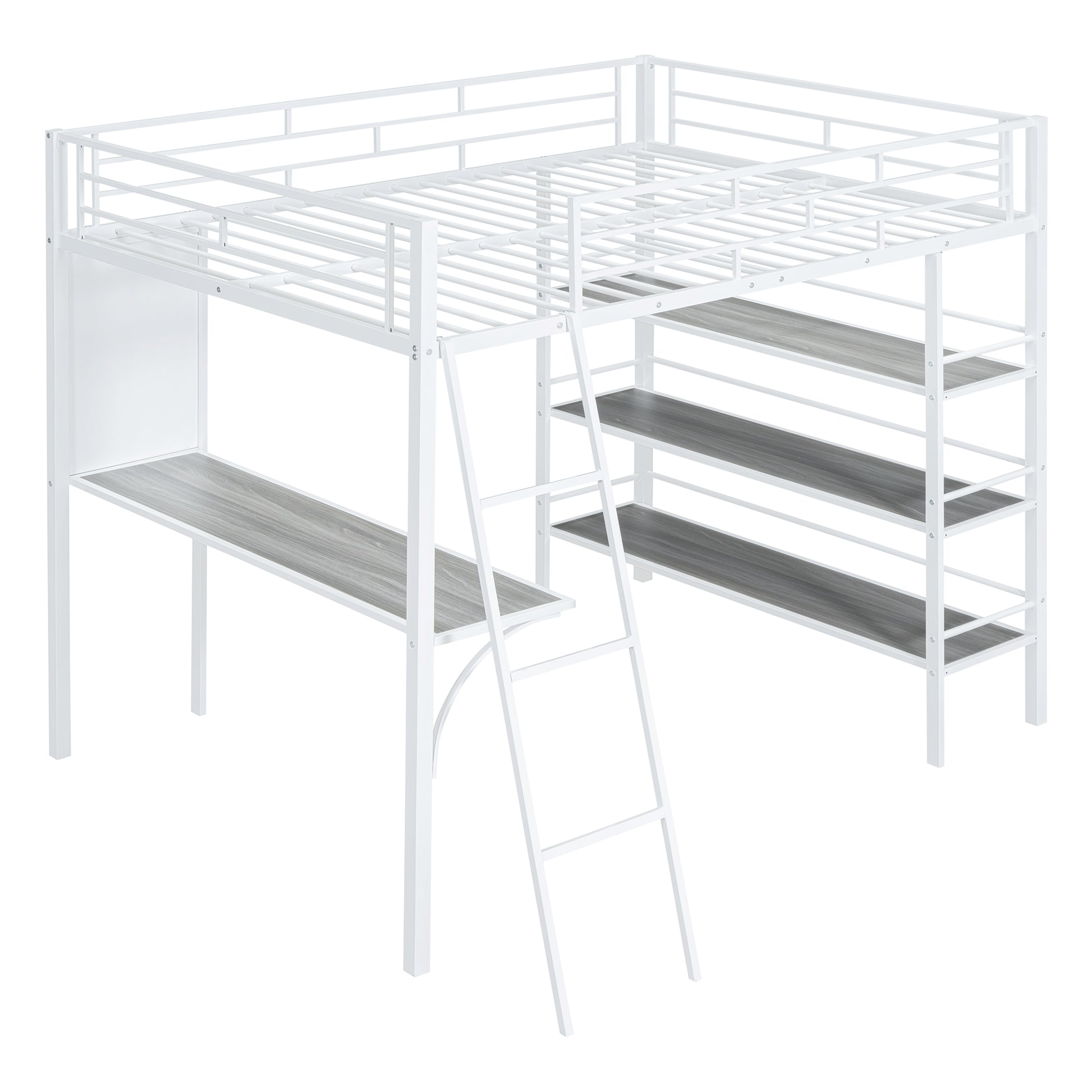 Full Size Loft Metal Bed With 3 Layers Of Shelves And Desk, Stylish Metal Frame Bed With Whiteboard, White White Metal