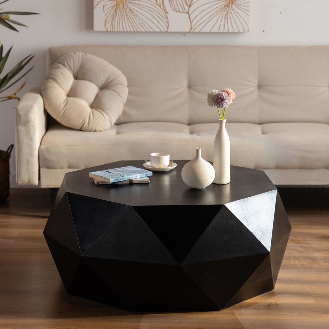 38"Three Dimensional Embossed Pattern Design American Retro Style Coffee Table,Black Tabletop Black Mdf