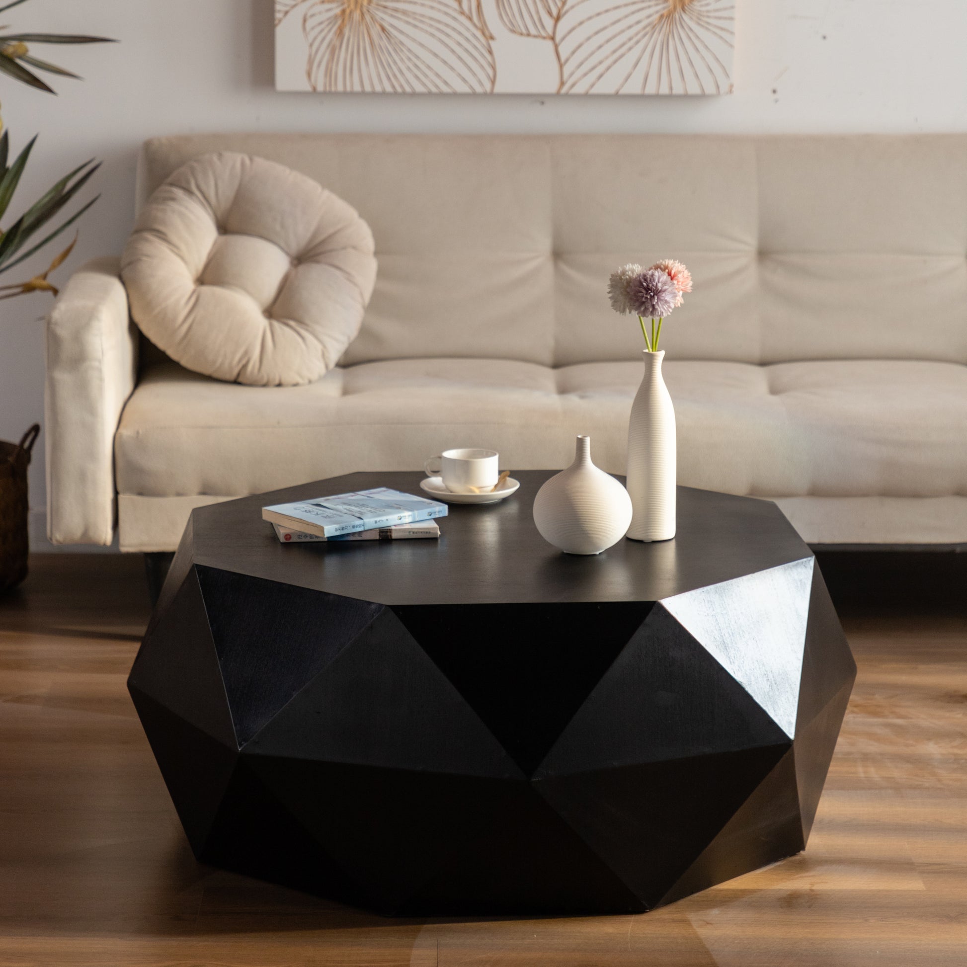 38"Three Dimensional Embossed Pattern Design American Retro Style Coffee Table,Black Tabletop Black Mdf